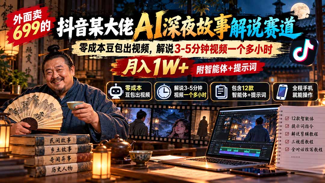 （20648期）外面卖699的抖音某大佬AI深夜故事解说赛道：零成本豆包出视频，解说3-5分钟视频一个多小时，月入1W+附智能体+提示词