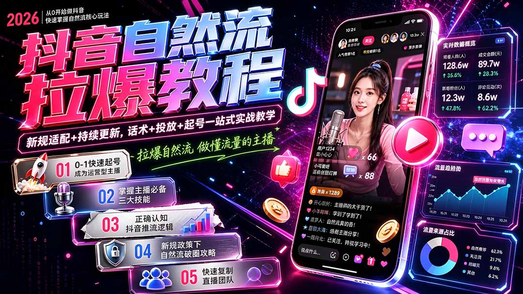 （20226期）抖音自然流拉爆教程-更新8月：做懂流量的主播，新规适配+持续更新，话术+投放+起号一站式实战教学