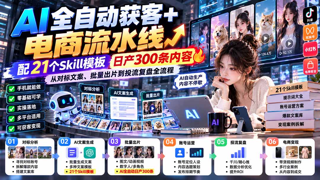 （20713期）【无水印】AI全自动获客+电商流水线-更新0929：配21个Skill模板，日产300条内容，从对标文案、批量出片到投流全流程