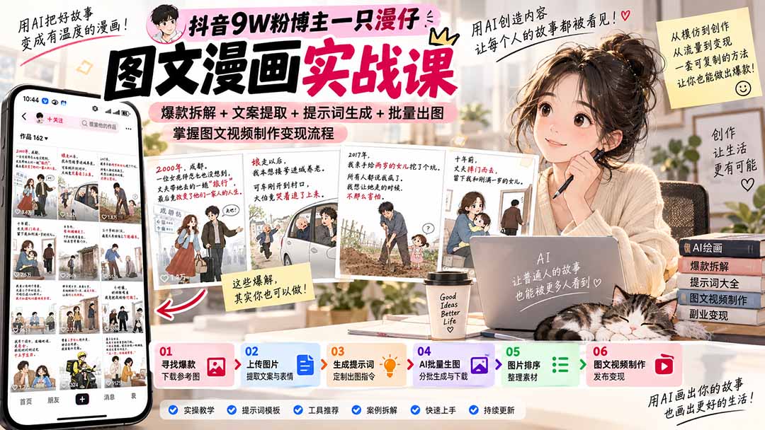 （20584期）抖音9W粉博主一只漫仔图文漫画课：爆款拆解+文案提取+提示词生成+批量出图，掌握图文视频制作变现流程