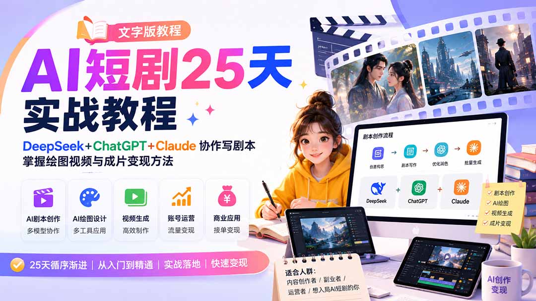 （20225期）AI短剧25天实战教程（文字版教程）：DeepSeek+ChatGPT+Claude协作写剧本，掌握绘图视频与成片变现方法