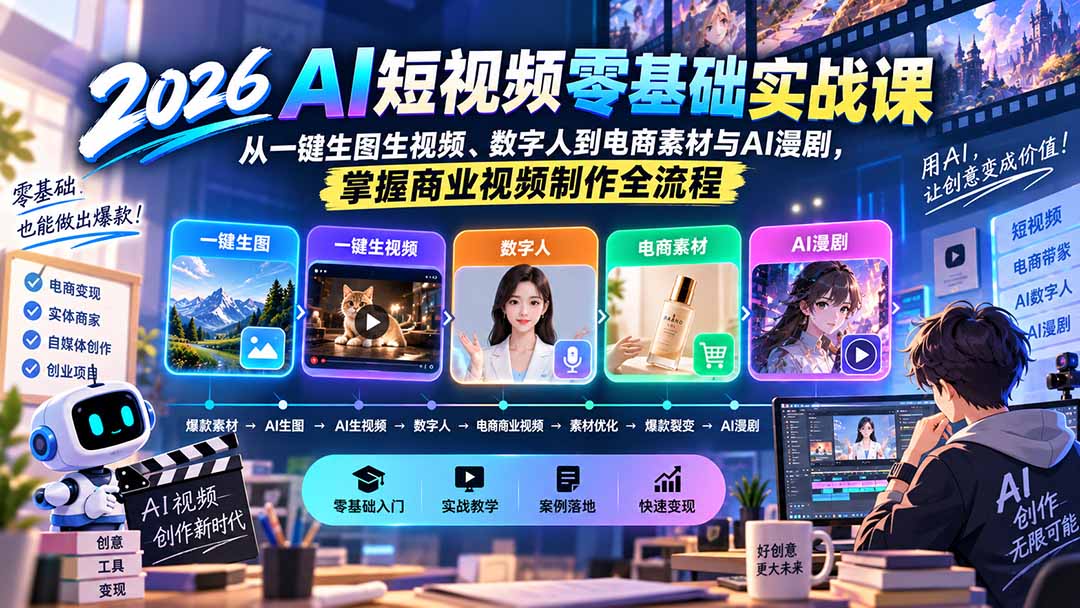 （20263期）2026AI短视频零基础实战课：从一键生图生视频、数字人到电商素材与AI漫剧，掌握商业视频制作全流程
