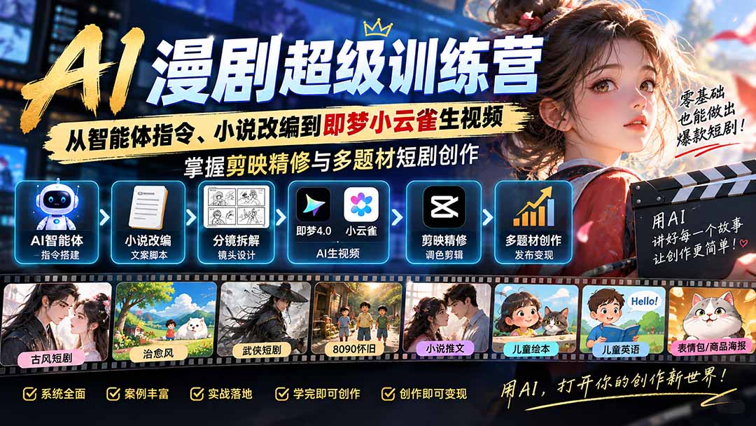 （20491期）AI漫剧超级特训营：从智能体指令、小说改编到即梦小云雀生视频，掌握剪映精修与多题材短剧创作