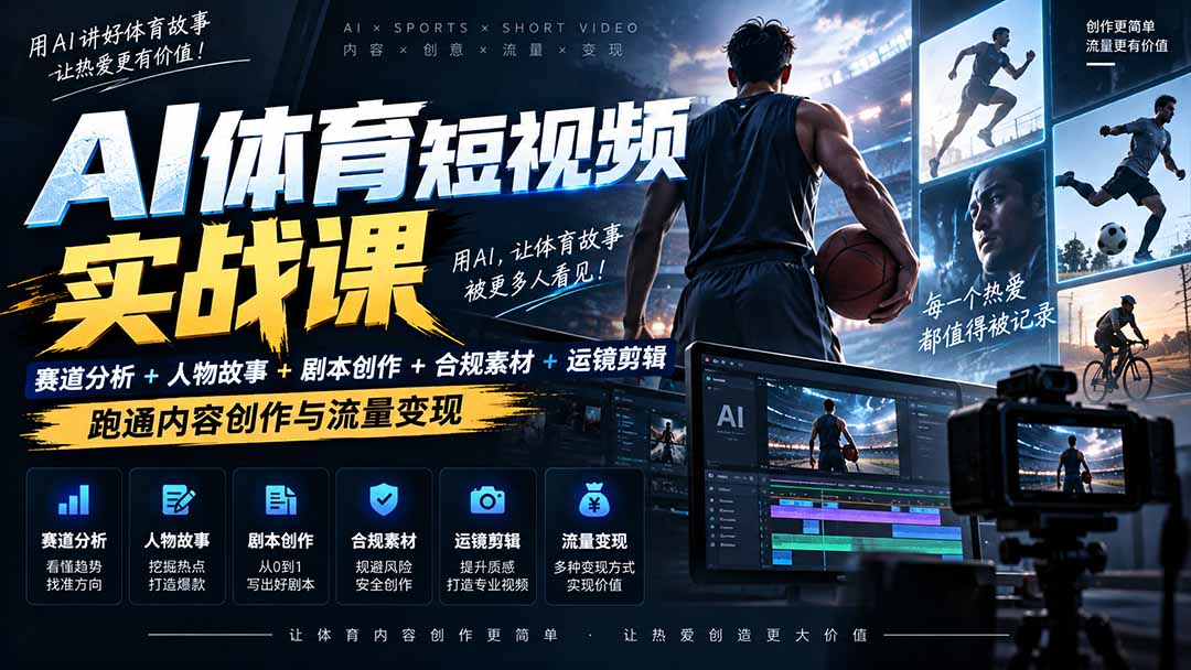 （20515期）AI体育短视频赛道顶级玩法｜赛道分析+人物故事+剧本创作+版权处理+运镜剪辑，跑通流量变现-日赚1K+