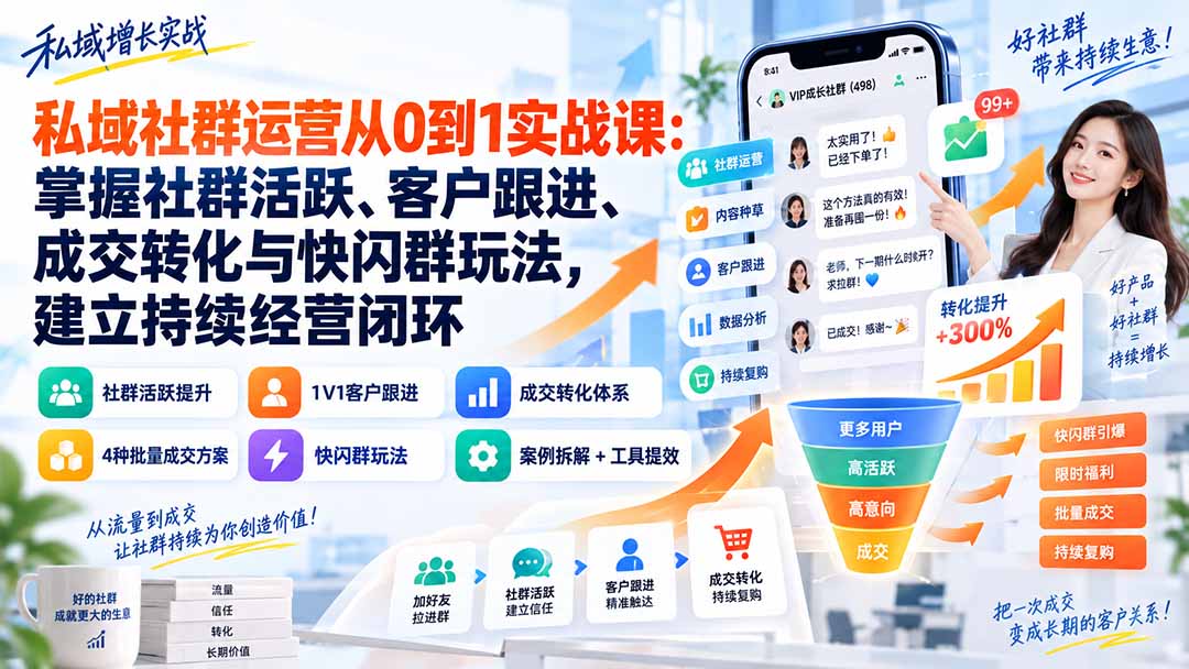 (20428期)私域社群运营从0到1实战课:掌握社群活跃、客户跟进、成交转化与快闪群玩法,建立持续经营闭环