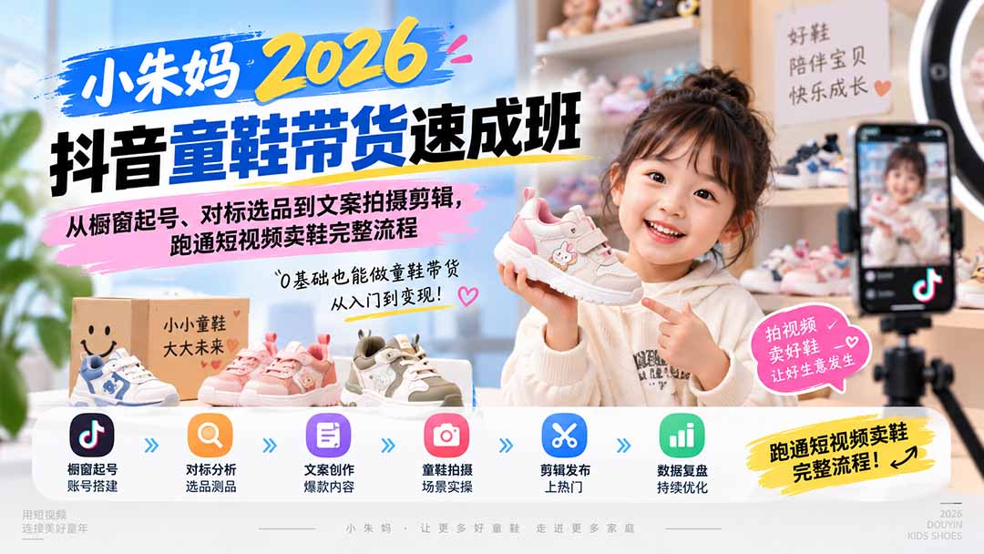（20267期）小朱妈2026抖音童鞋带货速成班：从橱窗起号、对标选品到文案拍摄剪辑，跑通短视频卖鞋完整流程