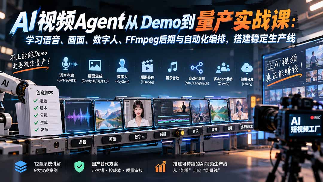 （20451期）AI视频Agent从Demo到量产实战课：学习语音、画面、数字人、FFmpeg后期与自动化编排，搭建稳定生产线