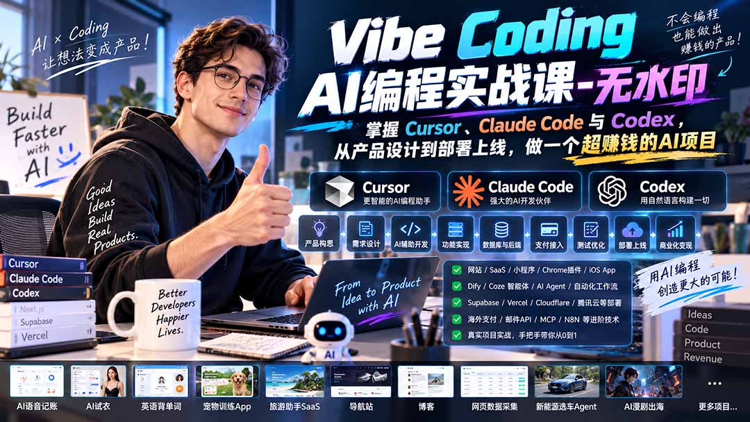（20431期）Vibe Coding AI编程实战课-无水印：掌握Cursor、Claude Code与Codex，从产品设计到部署上线，做一个超赚钱的AI项目