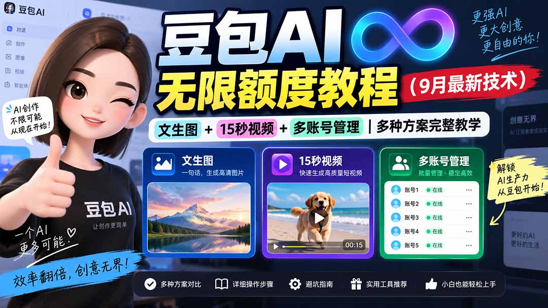 (20288期)豆包AI无限额度教程(9月最新技术)|文生图+15秒视频+多账号管理|多种方案完整教学