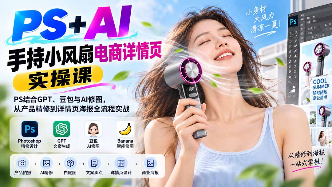 (20273期)PS+AI手持小风扇电商详情页实操课:PS结合GPT、豆包与AI修图,从产品精修到详情页海报全流程实战