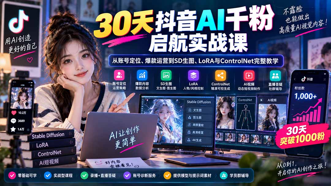 （20291期）30天抖音AI千粉启航实战课：从账号定位、爆款运营到SD生图、LoRA与ControlNet完整教学