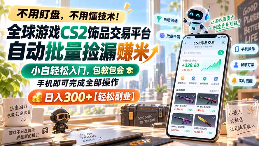 （20454期）全球游戏CS2饰品交易平台自动批量捡漏赚米，小白轻松入门，包教包会，手机即可完成全部操作，日入300+【轻松副业】