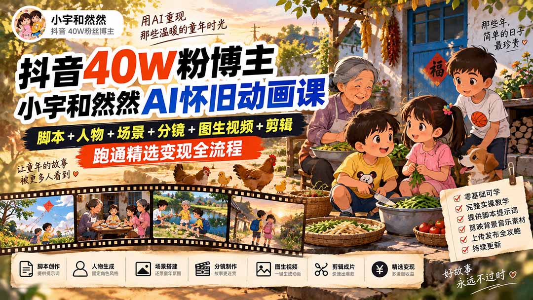 （20549期）抖音40W粉博主小宇和然然AI怀旧动画课｜脚本+人物+场景+分镜+图生视频+剪辑，跑通精选变现全流程