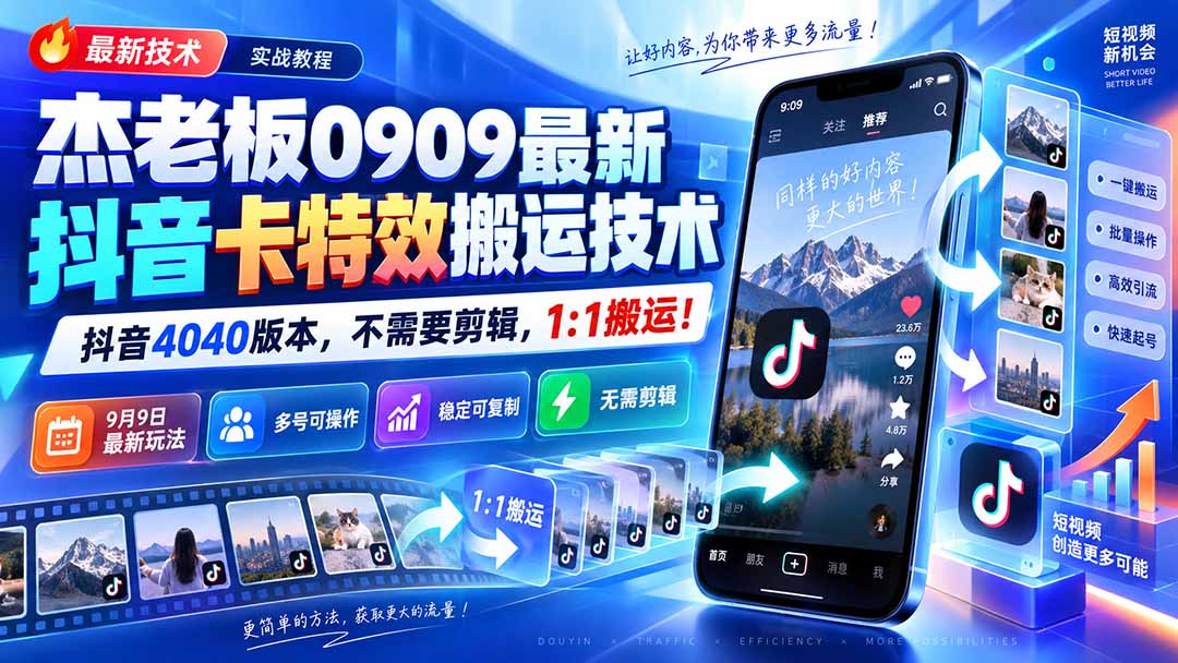 （20369期）杰老板0909最新抖音卡特效搬运技术，抖音4040版本，不需要剪辑，1:1搬运！