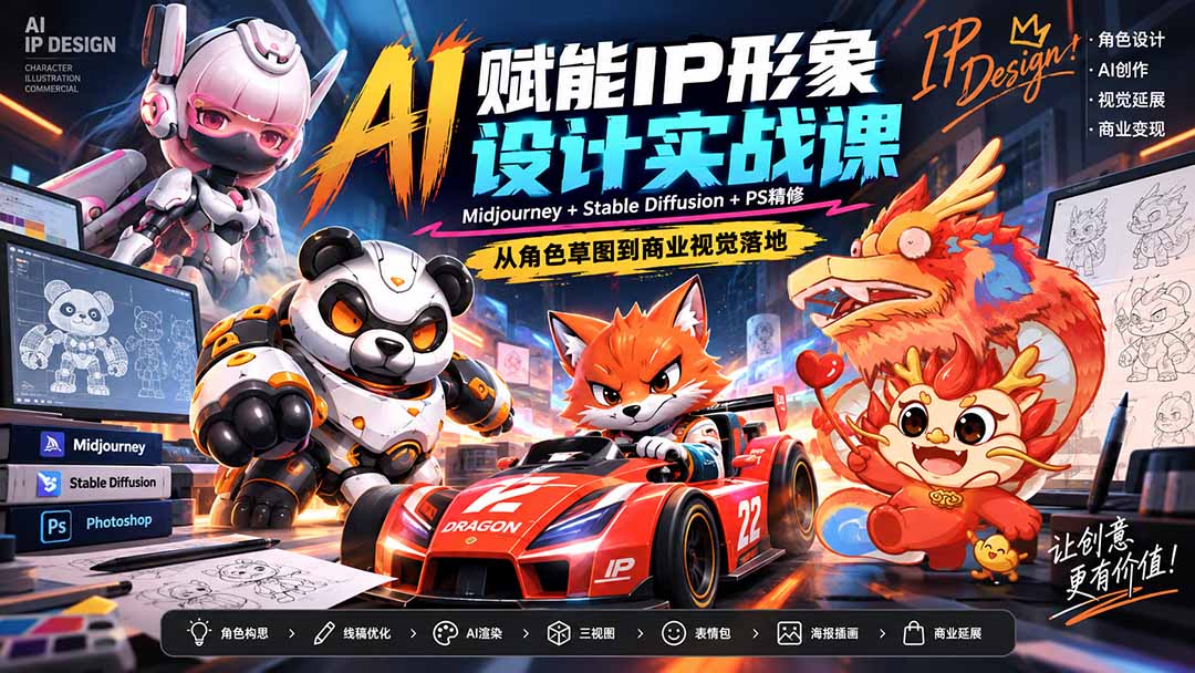 （20552期）AI赋能IP形象设计实战课-无水印：Midjourney+Stable Diffusion+PS精修，从角色草图到商业视觉落地