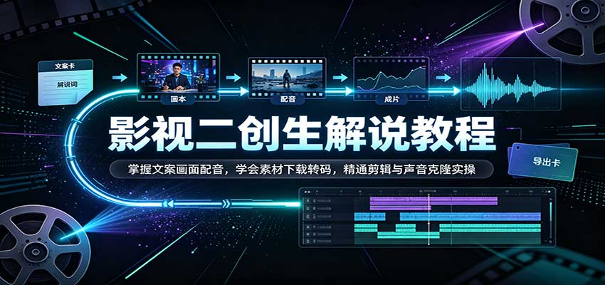 影视二创解说教程：掌握文案画面配音，学会素材下载转码，精通剪辑与声音克隆实操