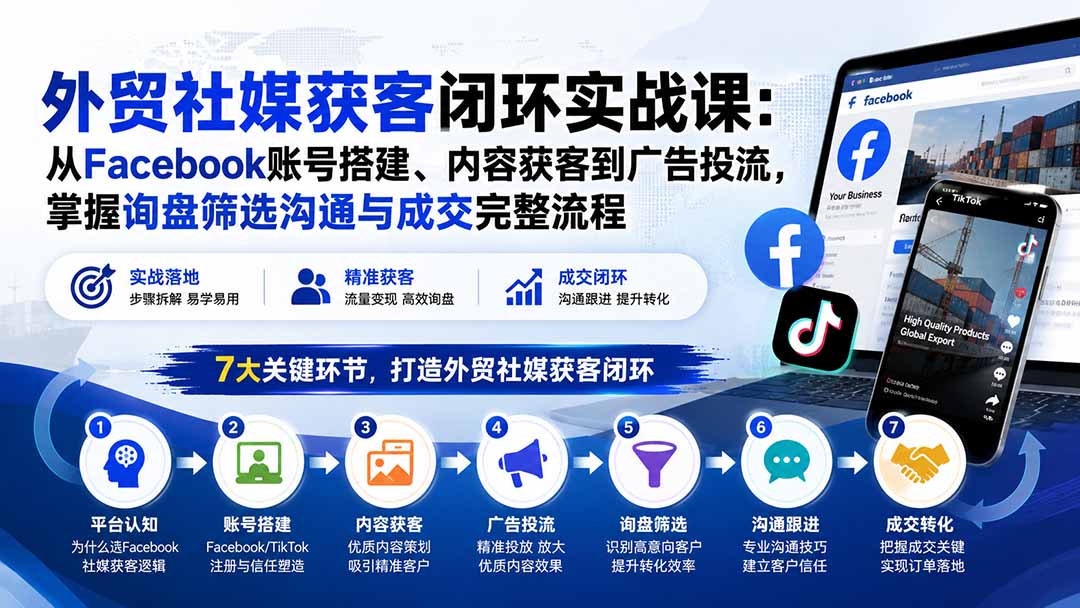 （20318期）外贸社媒获客闭环实战课：从Facebook账号搭建、内容获客到广告投流，掌握询盘筛选沟通与成交完整流程
