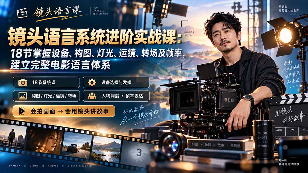 （20434期）镜头语言系统进阶实战课：18节掌握设备、构图、灯光、运镜、转场及帧率，建立完整电影语言体系