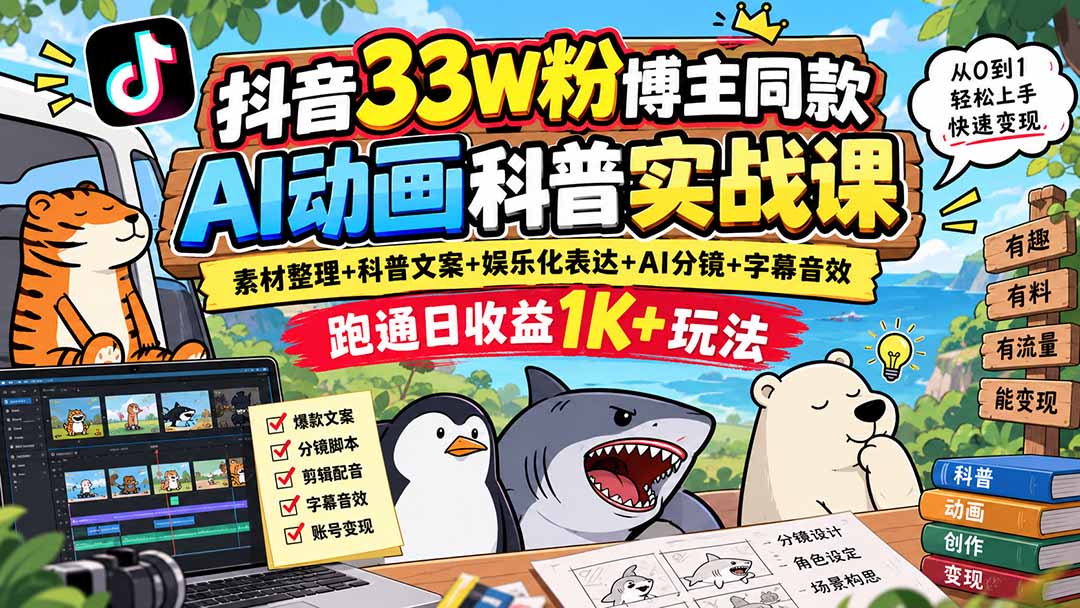 （20510期）抖音33W粉博主同款AI动画科普实战课｜素材整理+科普文案+娱乐化表达+AI分镜+字幕音效，跑通日收益1K+玩法