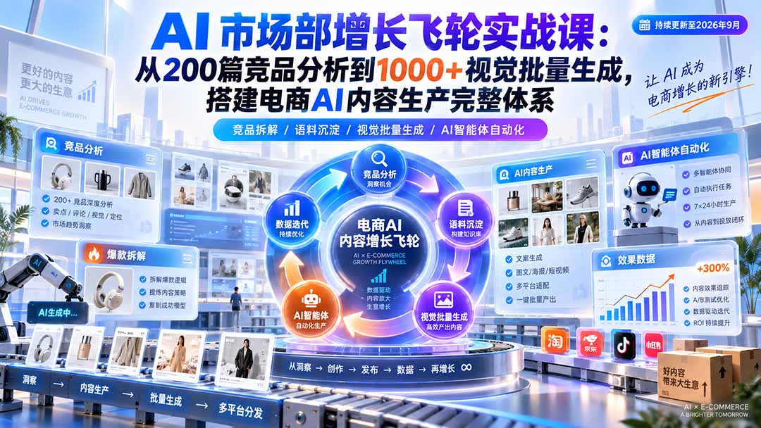 （20436期）AI 市场部增长飞轮实战课：从200篇竞品分析到1000+视觉批量生成，搭建电商AI内容生产完整体系