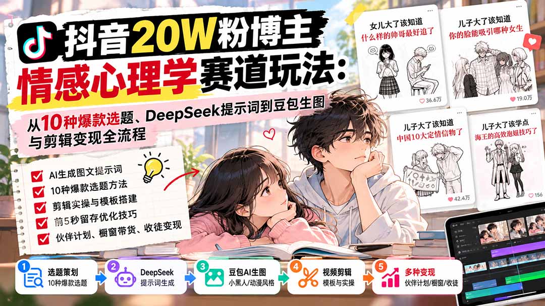 （20688期）抖音20W粉博主-情感心理学赛道玩法：从10种爆款选题、DeepSeek提示词到豆包生图与剪辑变现全流程